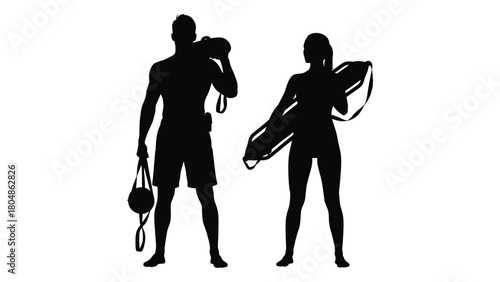 Lifeguard silhouettes with rescue equipment isolated on white background, Vector