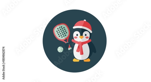 Playful winter sports penguin icon with padel racket and ball, embodying athletic fun and seasonal recreation in a charming flat design. Perfect for cold-weather activities and sporty illustrations