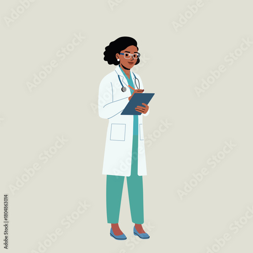 Female doctor write an anamnesis in the medical record. Vector flat style cartoon illustration