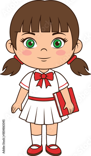 Cute schoolgirl cartoon character holding a book, wearing white and red uniform, adorable student illustration for education, learning and children concepts