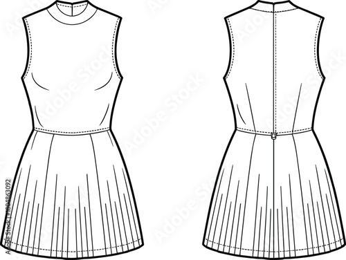 Sleeveless dress technical sketch, front and back view, pleated skirt, high neckline, fashion flat drawing, garment design template