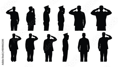 Military salute silhouettes collection isolated on white background, Vector
