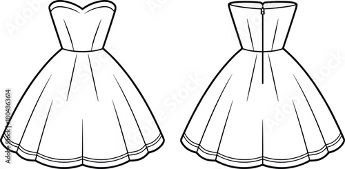 Strapless dress technical sketch, sweetheart neckline, flared skirt, front and back view, zipper closure, fashion flat drawing, garment design