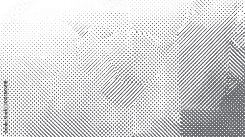 Abstract grayscale halftone pattern with diagonal lines and dots transitioning in density and shape background