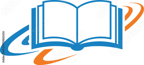 Modern education logo with open book and dynamic swoosh elements, creative academic symbol for school, library, study and knowledge branding