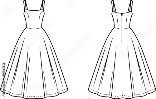 Technical fashion dress flat sketch, front and back view, square neckline, flared skirt, sewing pattern, garment construction, apparel design, vector illustration