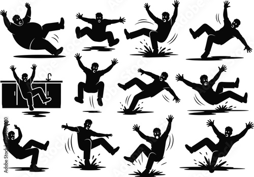 Slip and fall silhouette, wet surface hazard, falling person illustration, safety awareness graphic, black figure motion, accident prevention, workplace injury