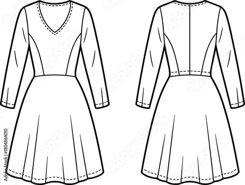 Technical fashion dress flat sketch, front and back view, V‑neckline, long sleeves, flared skirt, sewing pattern, garment construction, apparel design, vector illustration