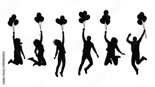 Joyful jumping people with balloons silhouette isolated on white background, Vector