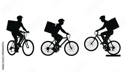 Bicycle delivery rider silhouettes isolated on white background, Vector