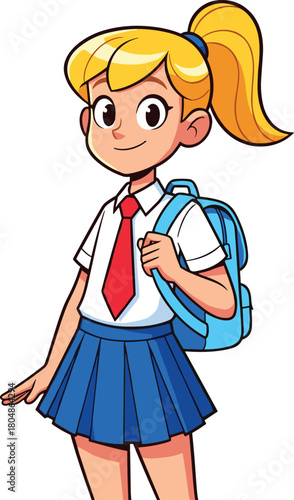 Cute cartoon schoolgirl with blonde ponytail wearing uniform and backpack, standing confidently in colorful kids education and learning illustration