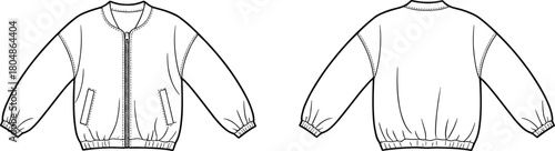 Technical fashion jacket flat sketch, front and back view, zipper closure, elastic cuffs, pockets, sewing pattern, garment construction, apparel design, vector illustration