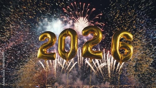 Golden 2026 Balloons Released into New Year Sky with Fireworks