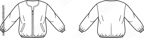 Technical fashion jacket flat sketch, front and back view, zipper closure, elastic hem, long sleeves, sewing pattern, garment construction, apparel design, vector illustration