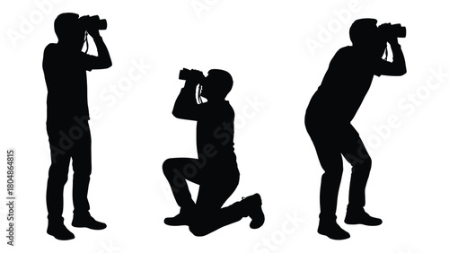 Binoculars user silhouettes in various poses isolated on white background, Vector