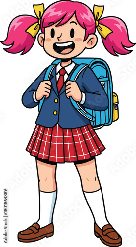 Cheerful cartoon schoolgirl with pink pigtails wearing uniform and backpack, energetic student character illustration perfect for education, learning, and school projects