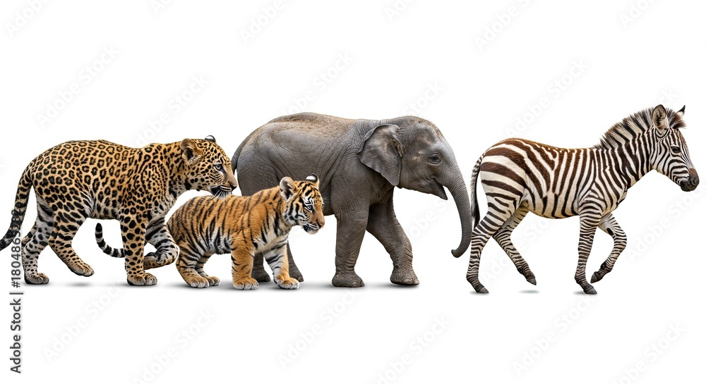 Naklejka premium Diverse animal lineup featuring a leopard tiger elephant and zebra on white background