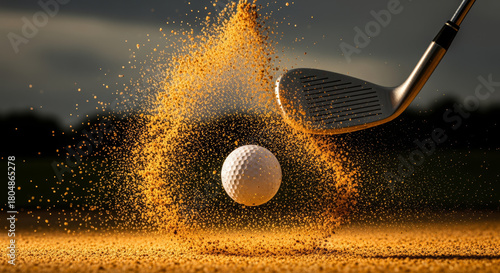Golf ball and club in mid-air sand exploding outwards on a sunny day.