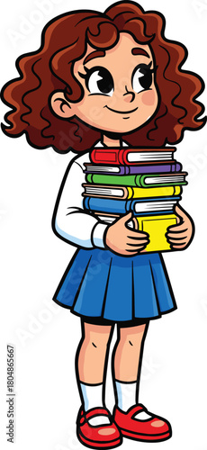 Cute curly-haired cartoon schoolgirl holding colorful stack of books, cheerful student character illustration perfect for education, learning, and academic content