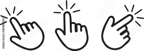 Hand click gesture icons in bold outline style, simple tap and pointer finger vector symbols for UI and web interface design