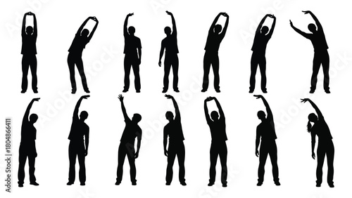 People stretching exercise silhouettes isolated on white background, Vector