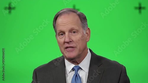 A confident male presenter in a business suit speaks on a green screen for chroma key compositing.