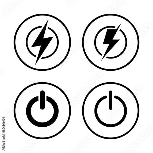 Outline and solid icons of lightning bolts and power on/off symbols, designed for digital applications, web interfaces, and energy-related themes. clean graphic.