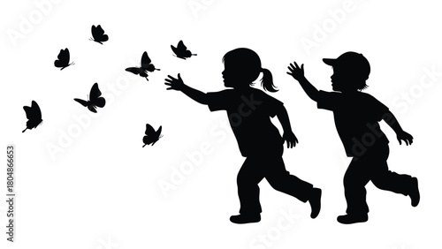 Children chasing butterflies silhouette isolated on white background, Vector
