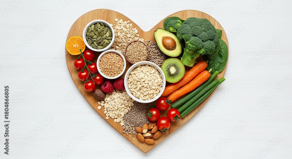 Fototapeta premium Healthy heart-shaped diet with fresh fruits vegetables nuts seeds and grains for wellness