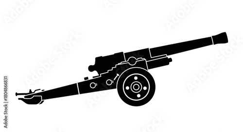 Black silhouette of a military field gun, a type of artillery cannon, isolated on a white background.