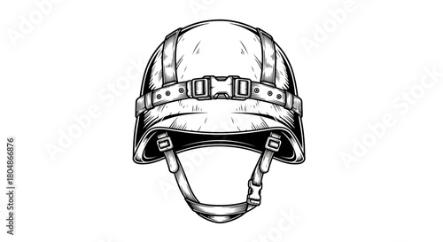 A detailed black and white line art illustration of a military combat helmet isolated on a white background.
