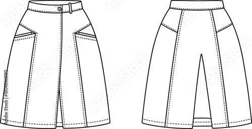 Technical fashion skirt flat sketch, front and back view, waistband with button, pockets, slit, sewing pattern, garment construction, apparel design, vector illustration