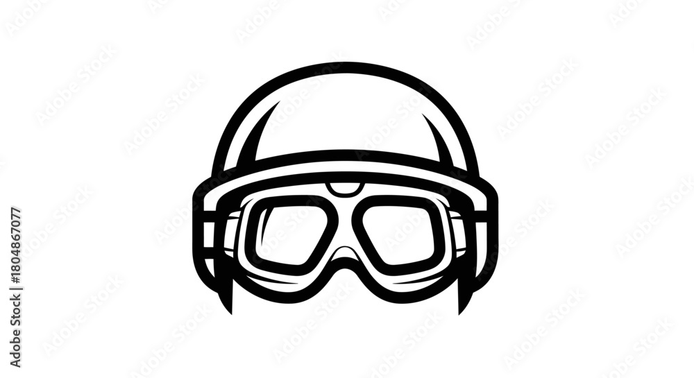 Naklejka premium A simple black and white line art icon of a protective helmet with goggles isolated on a white background.