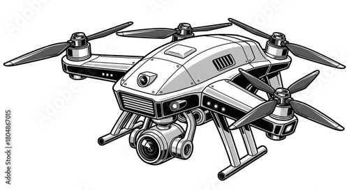 Illustration of a drone with a camera, four propellers, and a sleek design.