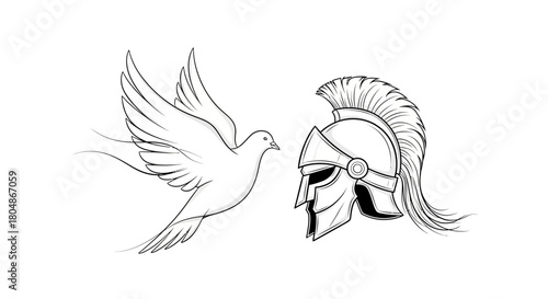A dove in flight approaches a Roman-style helmet, symbolizing peace and war.