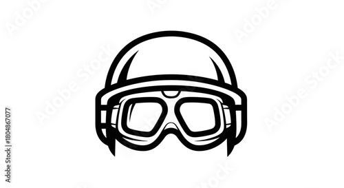 A simple black and white line art icon of a protective helmet with goggles isolated on a white background.