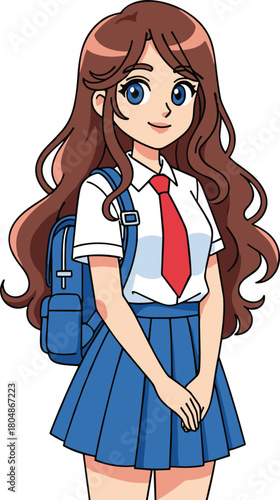 Beautiful cartoon schoolgirl character with long hair and uniform, friendly student illustration perfect for education materials, learning resources, children’s content, and posters