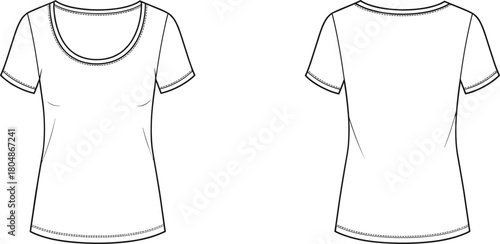Women fitted t shirt, short sleeve scoop neck design, fashion sketch template, casual blank apparel, garment construction, clothing flat, textile illustration