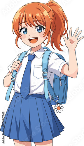 Cheerful anime schoolgirl waving with backpack, cute student character illustration perfect for education materials, children’s content, learning resources, and digital artwork