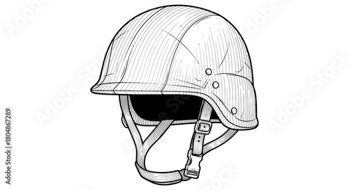 A detailed, hand-drawn sketch of a military combat helmet with a chin strap, depicted in a black and white line art style.