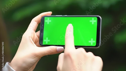 A person's hands interact with a smartphone featuring a green screen for seamless content replacement.