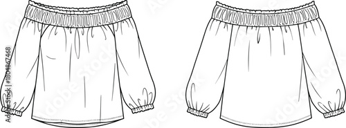 Women off shoulder blouse, long sleeve fashion sketch, elastic neckline design, loose fit top, garment construction, apparel template, trendy clothing