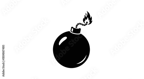 Black and white illustration of a round bomb with a burning fuse, ready to explode.