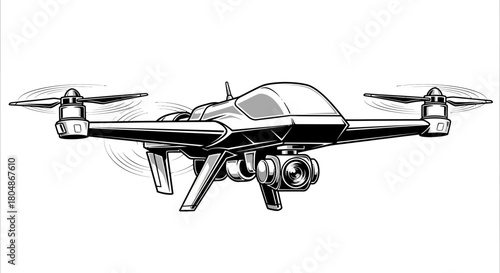 A detailed black and white illustration of a modern quadcopter drone with a camera, shown in mid-flight against a white background.