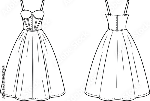 Women’s dress flat sketch, fashion design template, apparel illustration, front and back view, corset bodice, bust cups, pleated skirt, garment construction