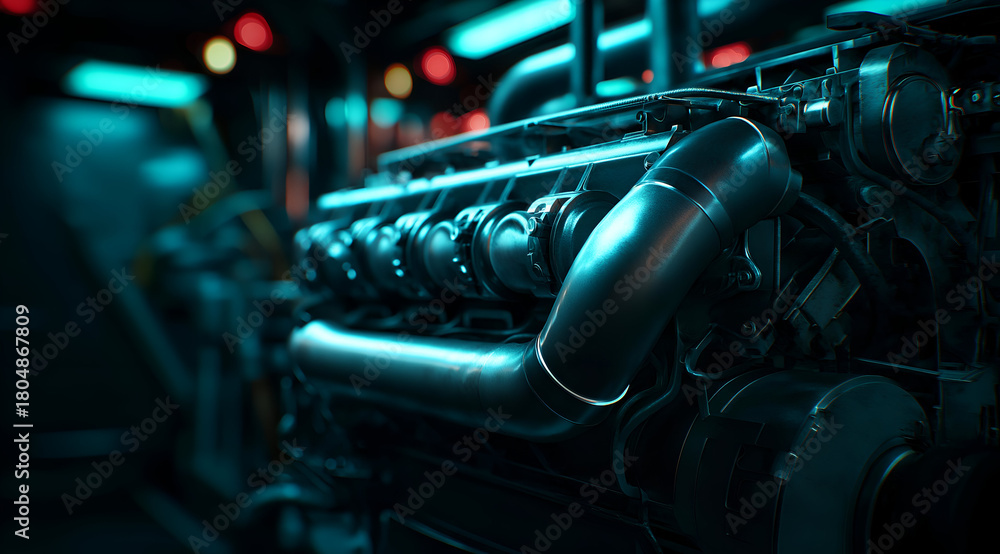 Obraz premium Close-up of an intricate engine mechanism featuring sleek pipes and industrial design, illuminated by ambient light.