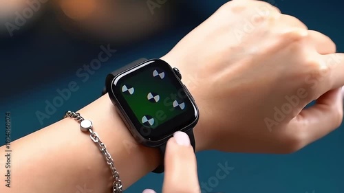 A woman's hand interacts with a smartwatch displaying a green screen with tracking markers.