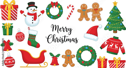 Merry Christmas cartoon vector set with gifts, snowman, tree, wreath, gingerbread cookies, sleigh, ornaments and festive holiday decorations