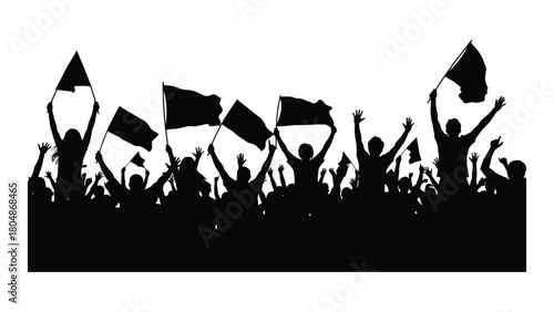 Jubilant crowd silhouette with flags isolated on white background, Vector