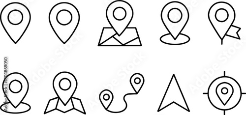 Location and navigation icons set. Map pin, route, destination, global positioning. Outline vector illustrations